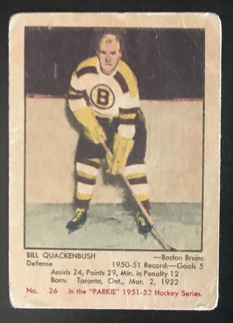 1951-52 Parkhurst #26 Bill Quackenbush RC Rookie Bruins Hockey Vintage
