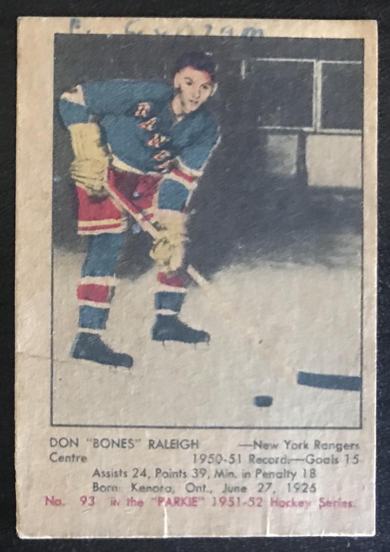 1951-52 Parkhurst #93 Don Raleigh RC Rookie Rangers Vintage Hockey