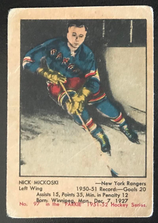 1951-52 Parkhurst #97 Nick Mickoski RC Rookie Rangers Vintage Hockey