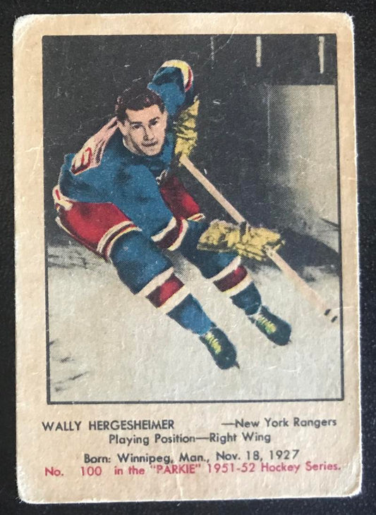 1951-52 Parkhurst #100 Wally Hergesheimer RC Rookie Rangers Vintage Hockey