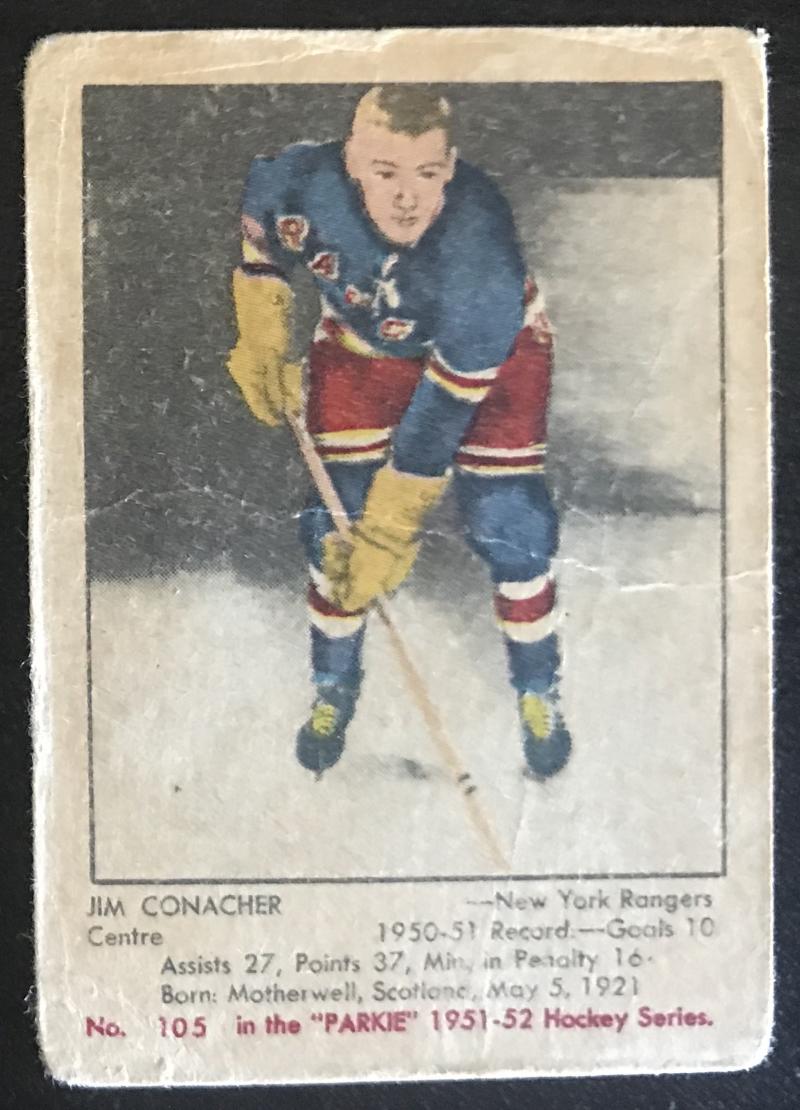 1951-52 Parkhurst #105 Jim Conacher RC Rookie Rangers Vintage Hockey