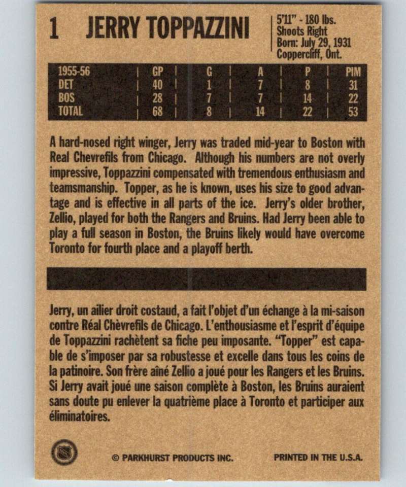 1994-95 Parkhurst Missing Link #1 Jerry Toppazzini Bruins NHL Hockey