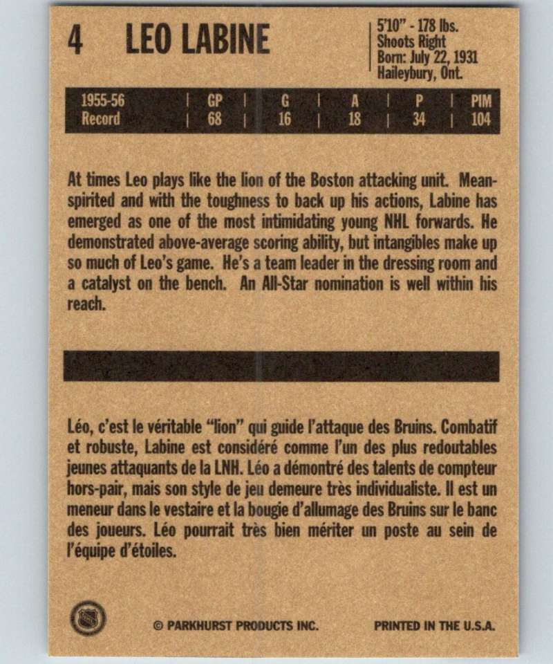 1994-95 Parkhurst Missing Link #4 Leo Labine Bruins NHL Hockey