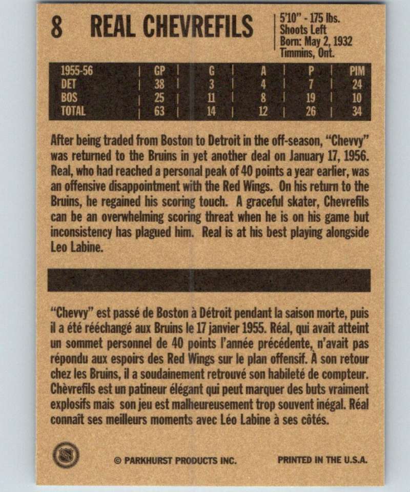 1994-95 Parkhurst Missing Link #8 Real Chevrefils Bruins NHL Hockey