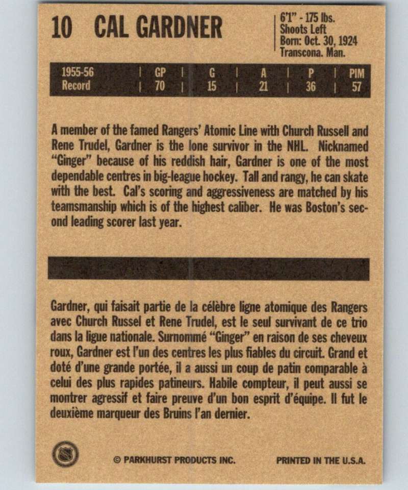 1994-95 Parkhurst Missing Link #10 Cal Gardner Bruins NHL Hockey