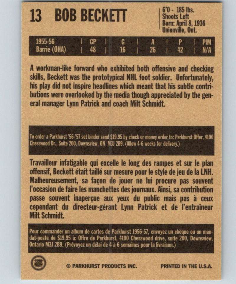 1994-95 Parkhurst Missing Link #13 Bob Beckett RC Rookie Bruins NHL Hockey