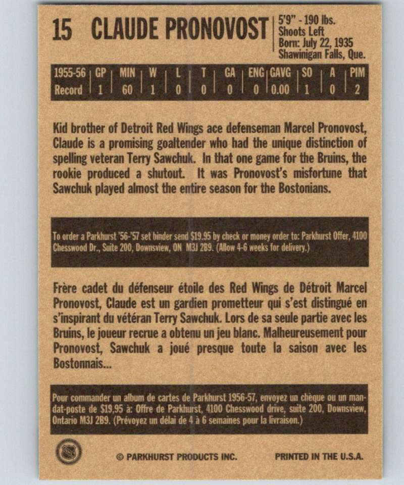 1994-95 Parkhurst Missing Link #15 Claude Pronovost RC Rookie Bruins NHL Hockey