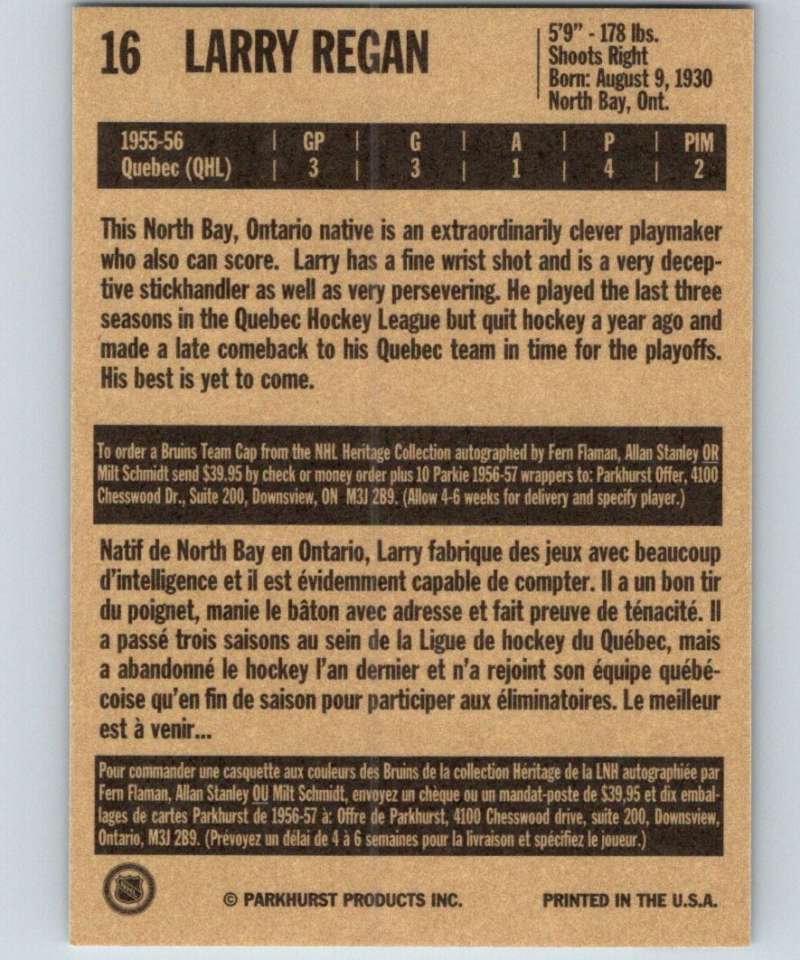 1994-95 Parkhurst Missing Link #16 Larry Regan Bruins NHL Hockey