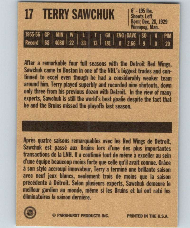 1994-95 Parkhurst Missing Link #17 Terry Sawchuk Bruins NHL Hockey