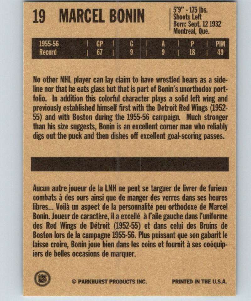 1994-95 Parkhurst Missing Link #19 Marcel Bonin Bruins NHL Hockey
