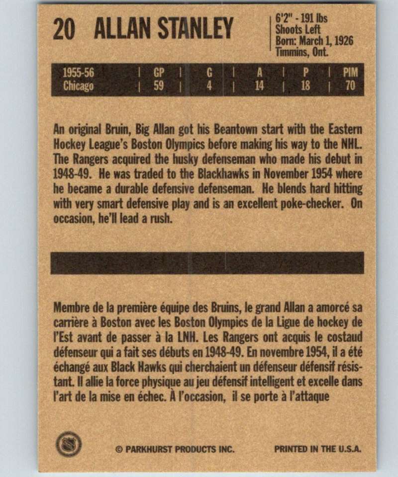 1994-95 Parkhurst Missing Link #20 Allan Stanley Bruins NHL Hockey