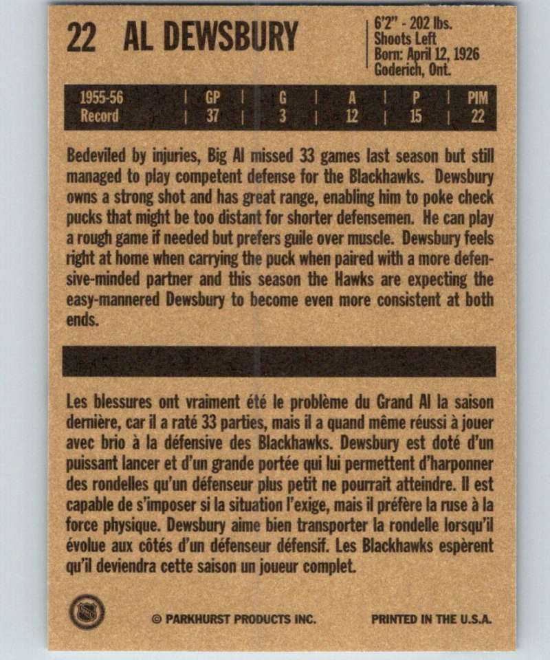 1994-95 Parkhurst Missing Link #22 Al Dewsbury Blackhawks NHL Hockey Image 2