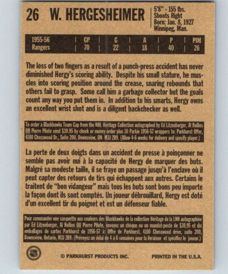 1994-95 Parkhurst Missing Link #26 Walter Hergesheimer Blackhawks NHL Hockey Image 2