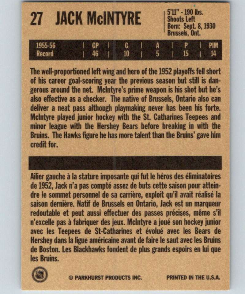 1994-95 Parkhurst Missing Link #27 Jack McIntyre Blackhawks NHL Hockey Image 2