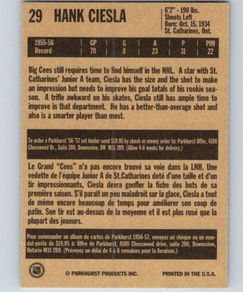 1994-95 Parkhurst Missing Link #29 Hank Ciesla Blackhawks NHL Hockey