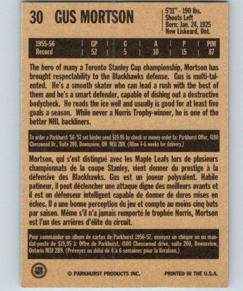 1994-95 Parkhurst Missing Link #30 Gus Mortson Blackhawks NHL Hockey