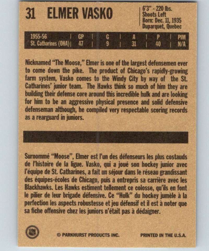 1994-95 Parkhurst Missing Link #31 Elmer Vasko Blackhawks NHL Hockey Image 2