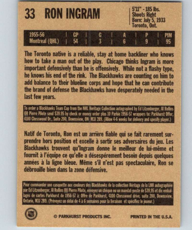 1994-95 Parkhurst Missing Link #33 Ron Ingram Blackhawks NHL Hockey