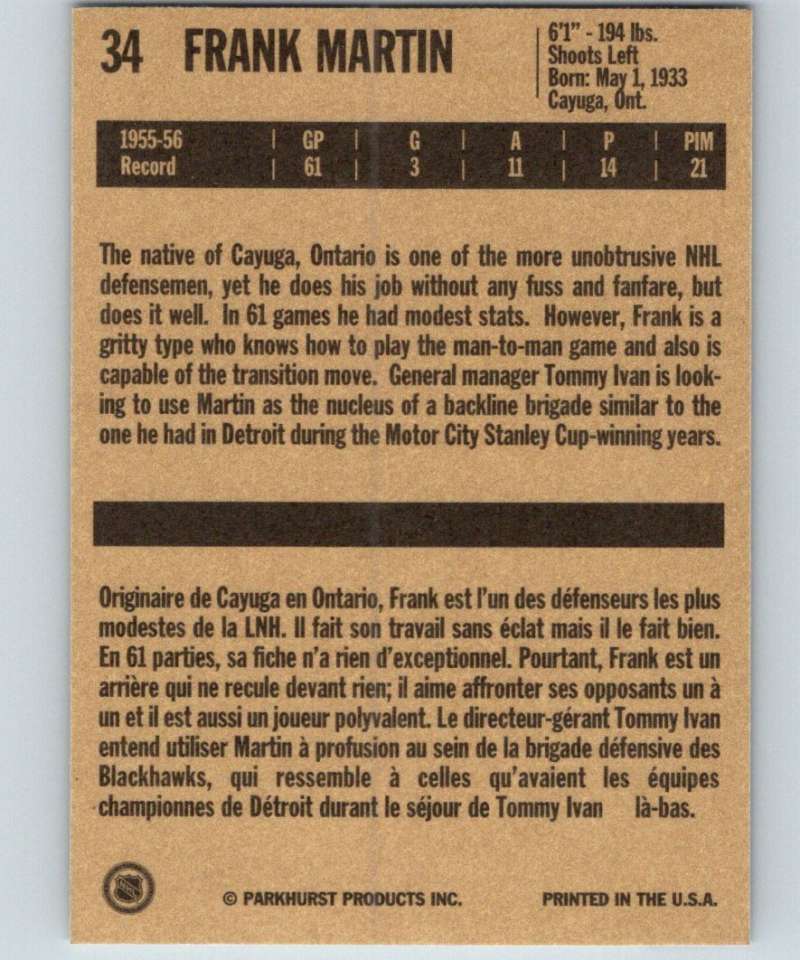 1994-95 Parkhurst Missing Link #34 Frank Martin Blackhawks NHL Hockey Image 2