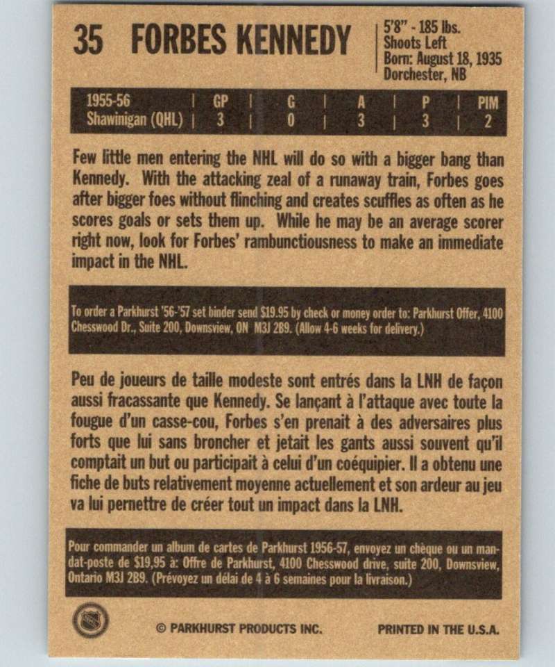 1994-95 Parkhurst Missing Link #35 Forbes Kennedy Blackhawks NHL Hockey Image 2