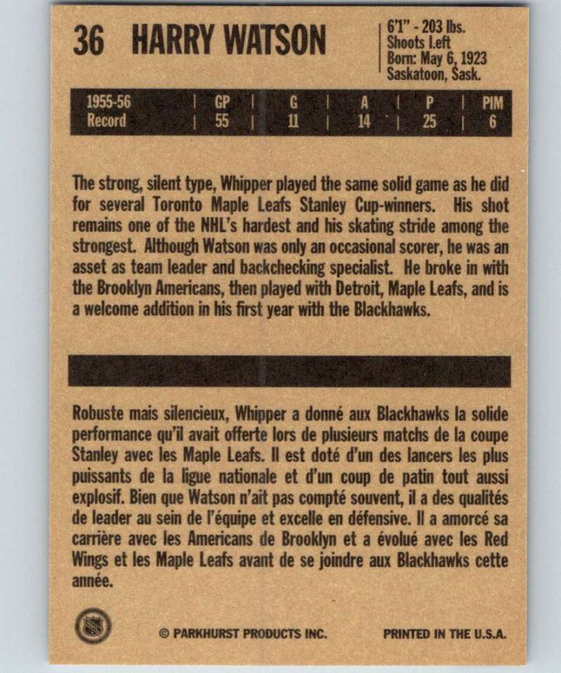 1994-95 Parkhurst Missing Link #36 Harry Watson Blackhawks NHL Hockey Image 2