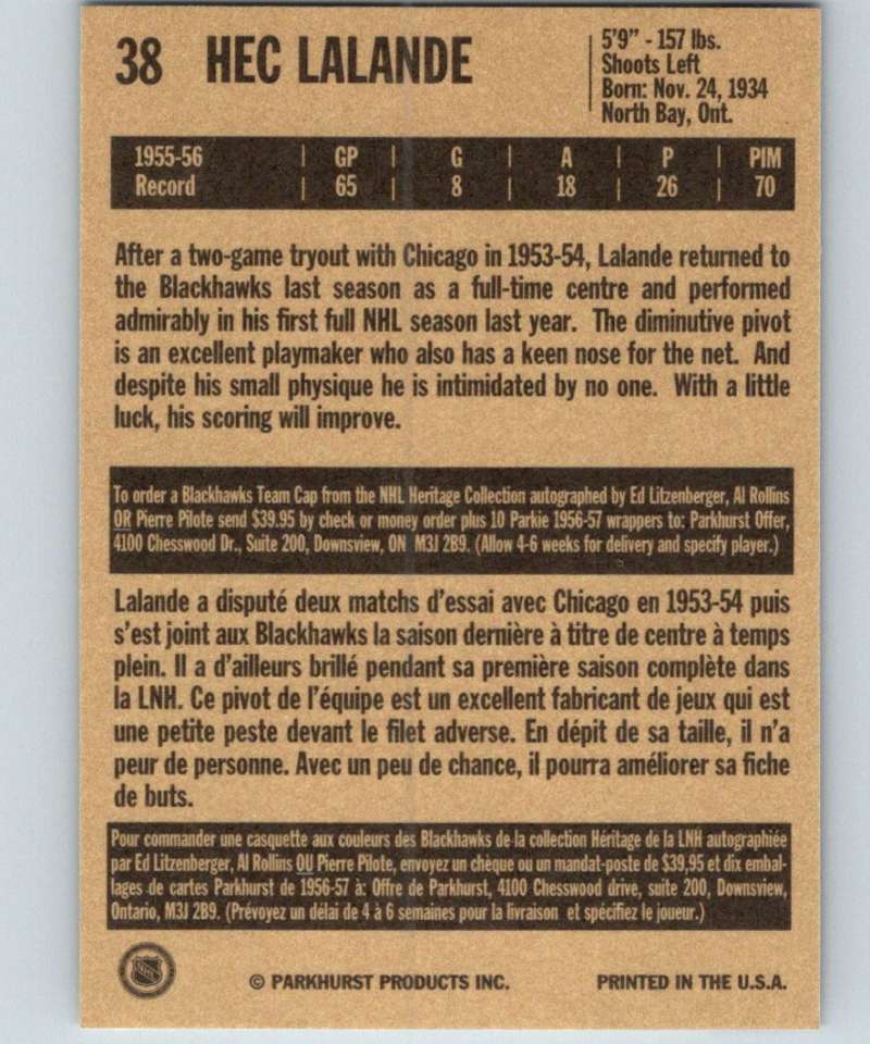1994-95 Parkhurst Missing Link #38 Hec Lalande Blackhawks NHL Hockey Image 2