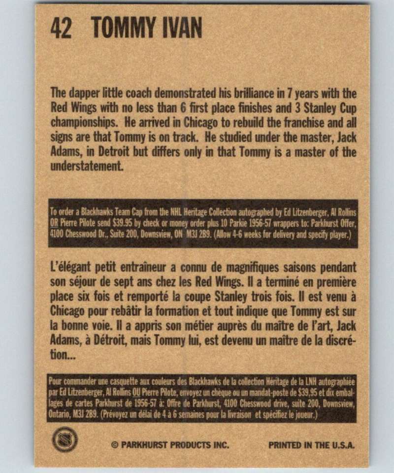 1994-95 Parkhurst Missing Link #42 Tommy Ivan RC Rookie Blackhawks CO NHL Hockey