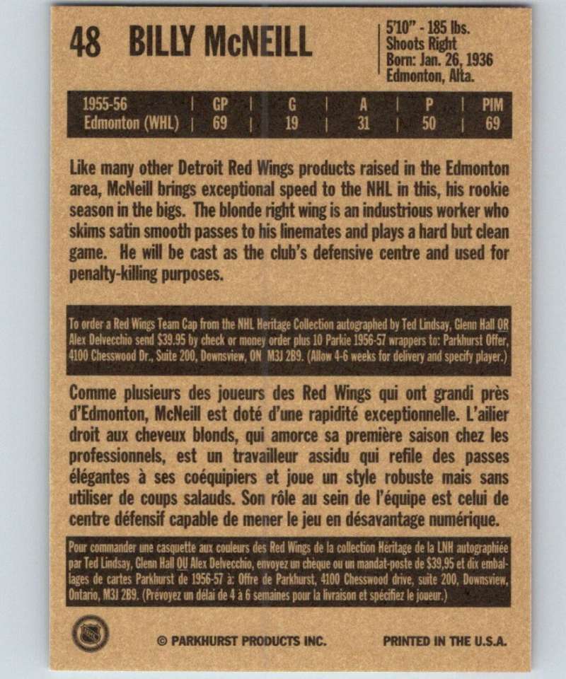 1994-95 Parkhurst Missing Link #48 Bill McNeill Red Wings NHL Hockey