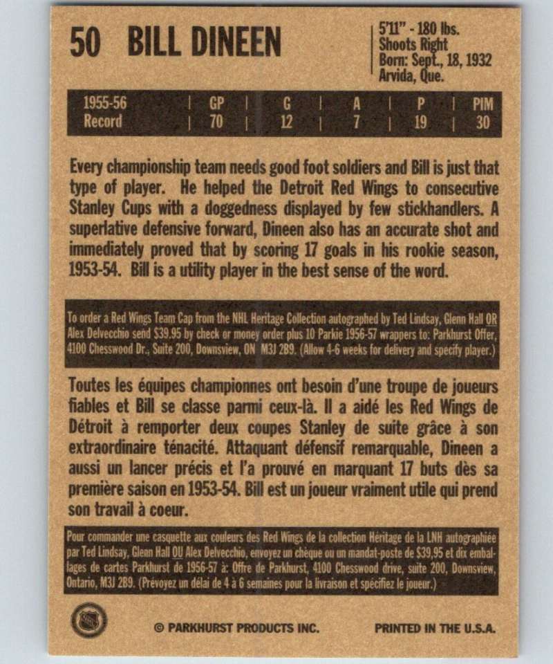 1994-95 Parkhurst Missing Link #50 Bill Dineen Red Wings NHL Hockey