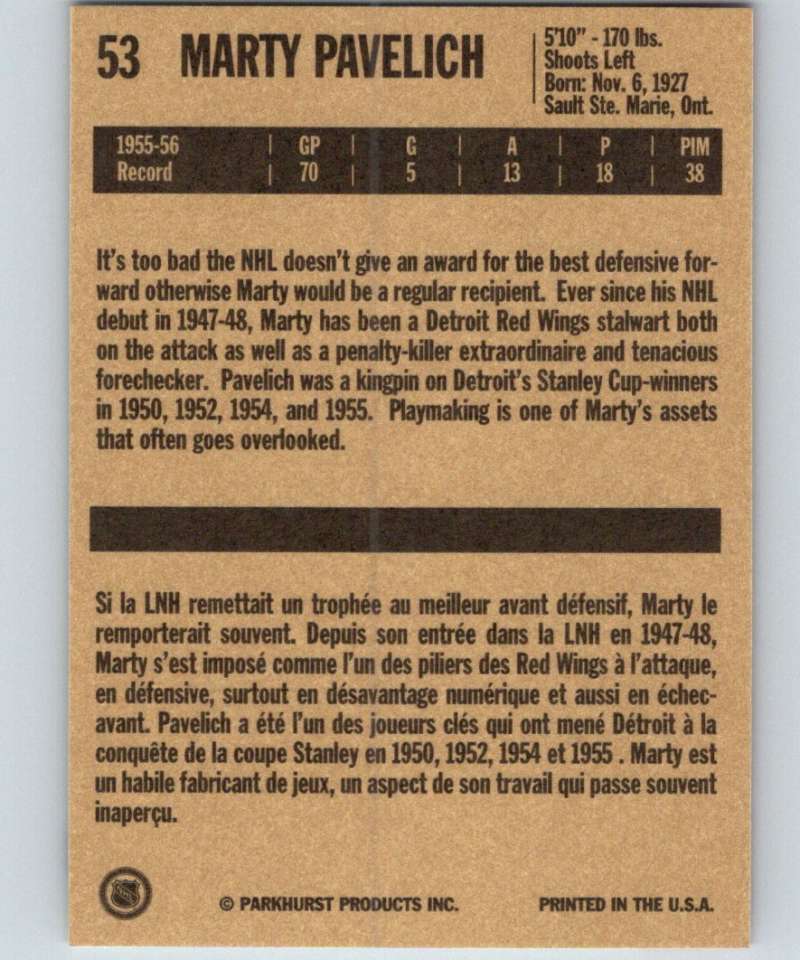 1994-95 Parkhurst Missing Link #53 Marty Pavelich Red Wings NHL Hockey