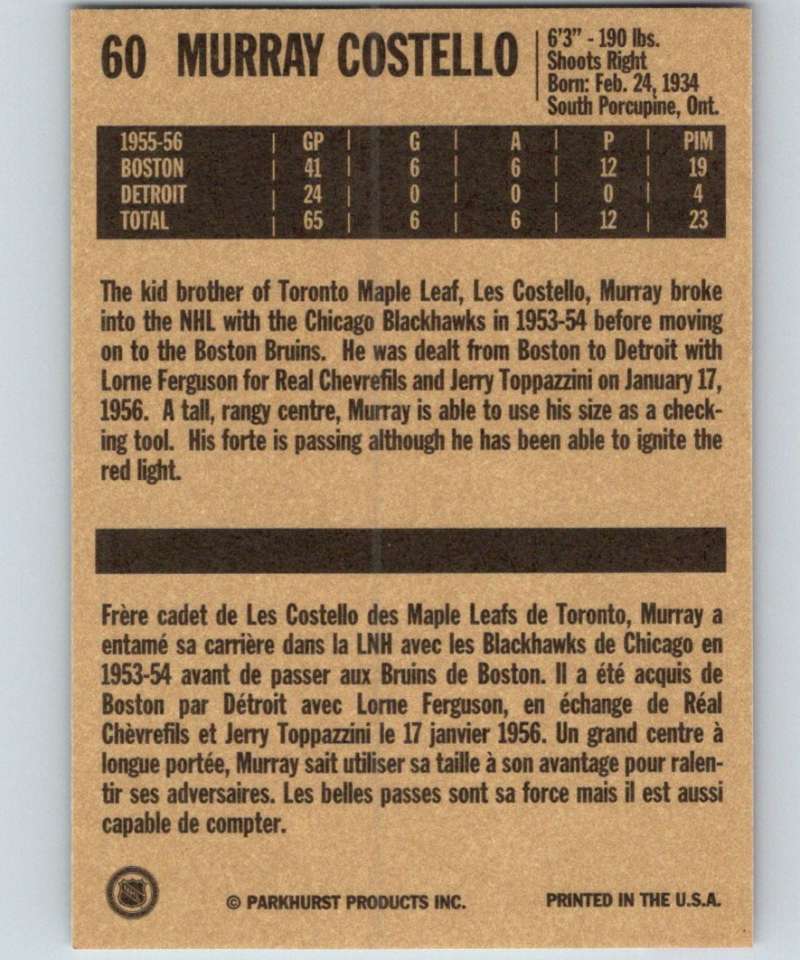 1994-95 Parkhurst Missing Link #60 Murray Costello RC Rookie Red Wings NHL Hockey