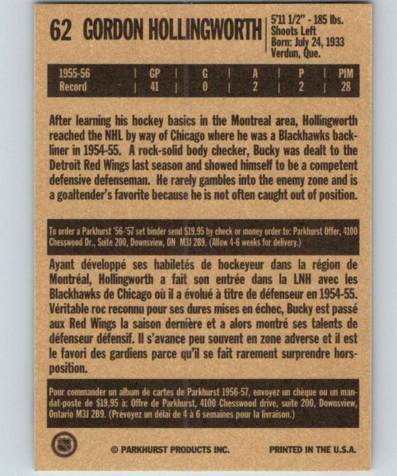 1994-95 Parkhurst Missing Link #62 Bucky Hollingworth Red Wings NHL Hockey Image 2