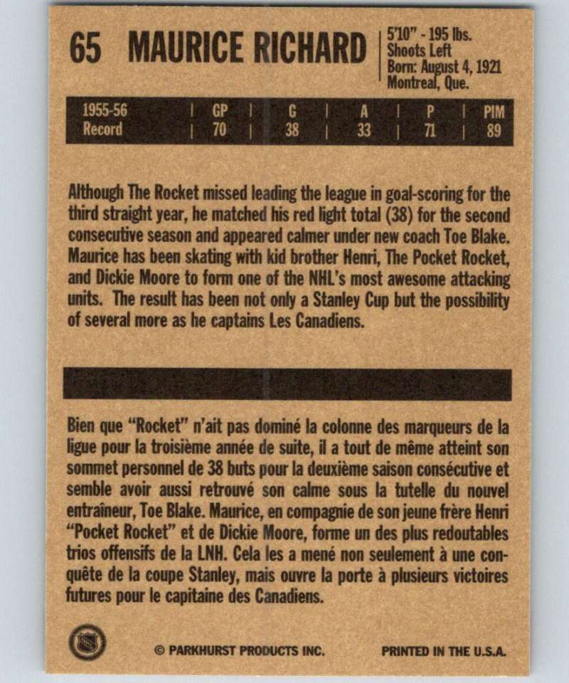 1994-95 Parkhurst Missing Link #65 Maurice Richard Canadiens NHL Hockey