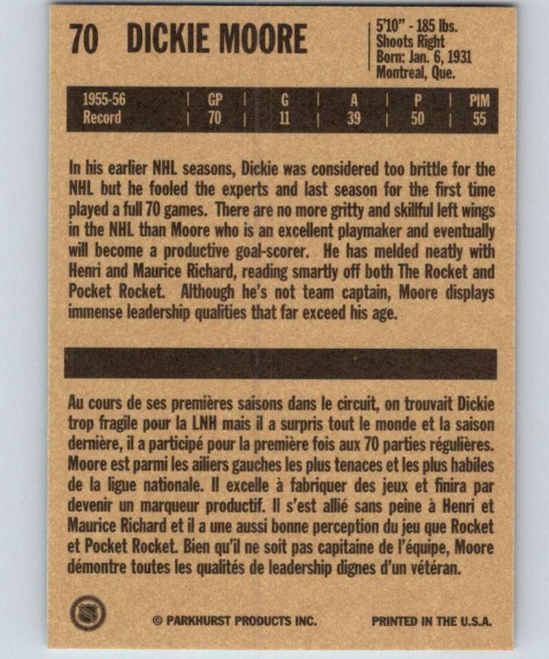 1994-95 Parkhurst Missing Link #70 Dickie Moore Canadiens NHL Hockey