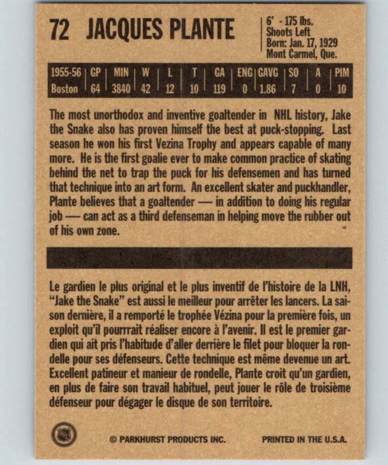 1994-95 Parkhurst Missing Link #72 Jacques Plante Canadiens NHL Hockey