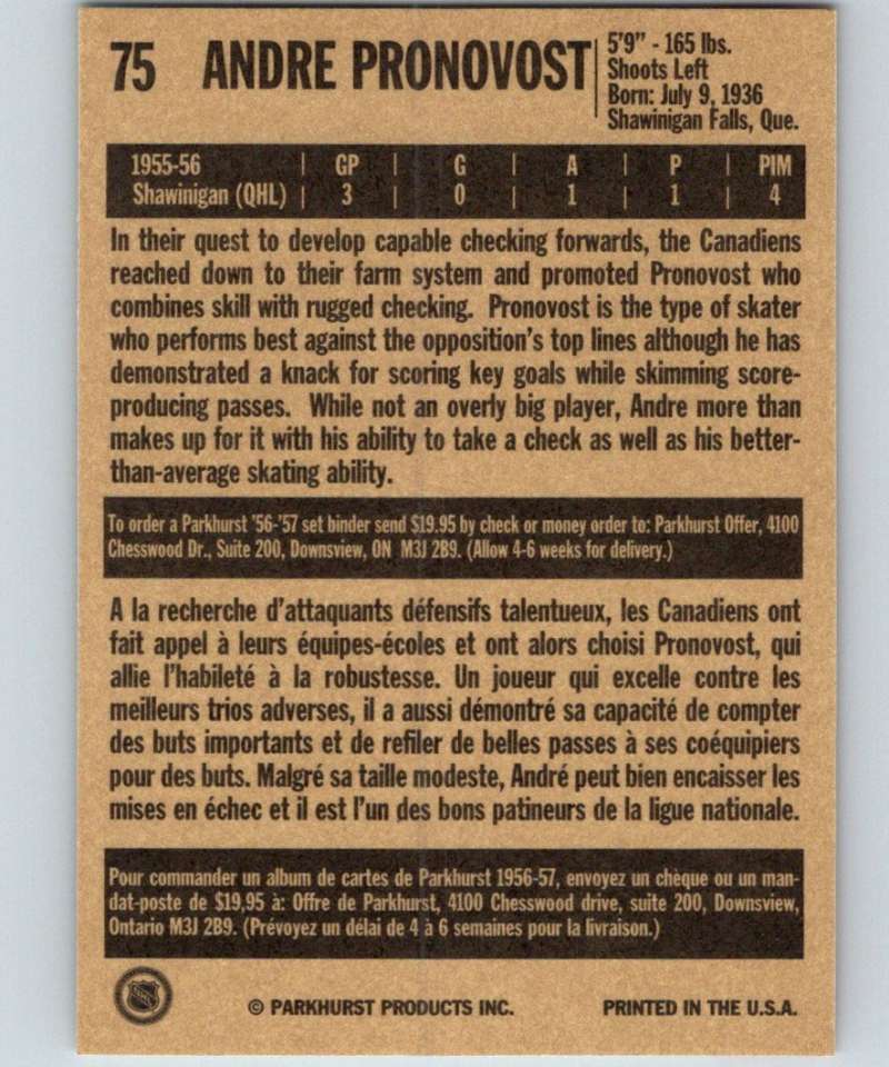 1994-95 Parkhurst Missing Link #75 Andre Pronovost Canadiens NHL Hockey