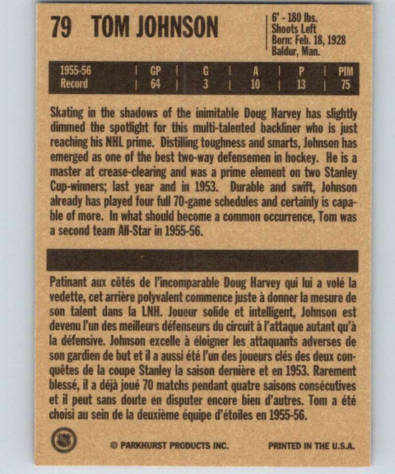 1994-95 Parkhurst Missing Link #79 Tom Johnson Canadiens NHL Hockey Image 2