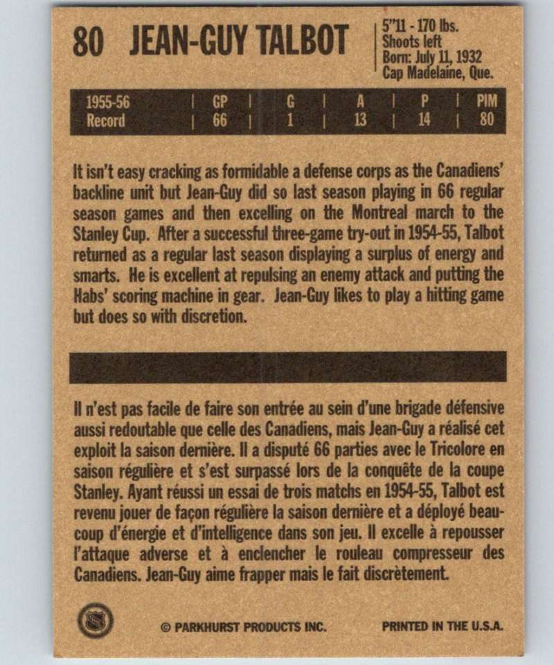 1994-95 Parkhurst Missing Link #80 Jean Guy Talbot Canadiens NHL Hockey Image 2