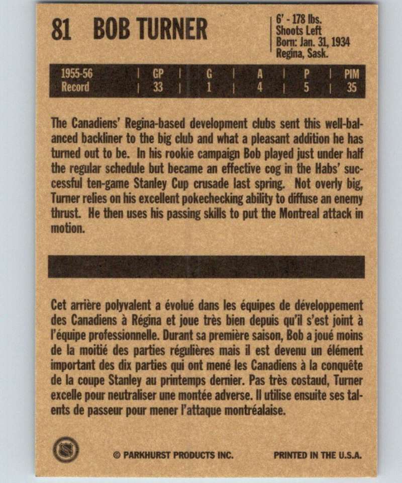 1994-95 Parkhurst Missing Link #81 Bob Turner Canadiens NHL Hockey