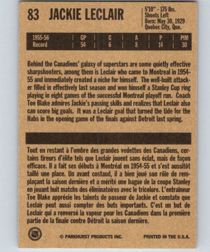 1994-95 Parkhurst Missing Link #83 Jackie Leclair Canadiens NHL Hockey