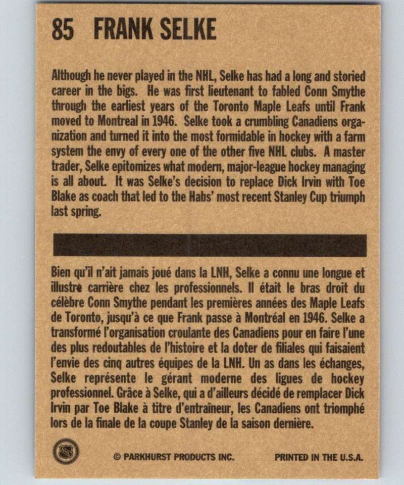 1994-95 Parkhurst Missing Link #85 Frank Selke Canadiens NHL Hockey Image 2