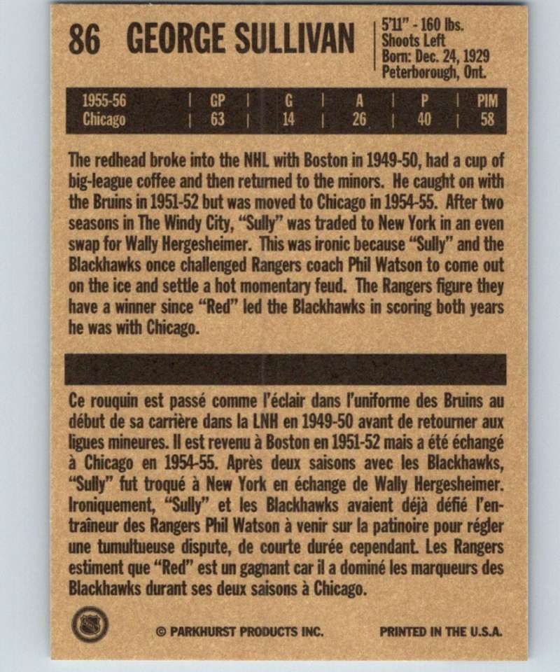 1994-95 Parkhurst Missing Link #86 George Sullivan NY Rangers NHL Hockey