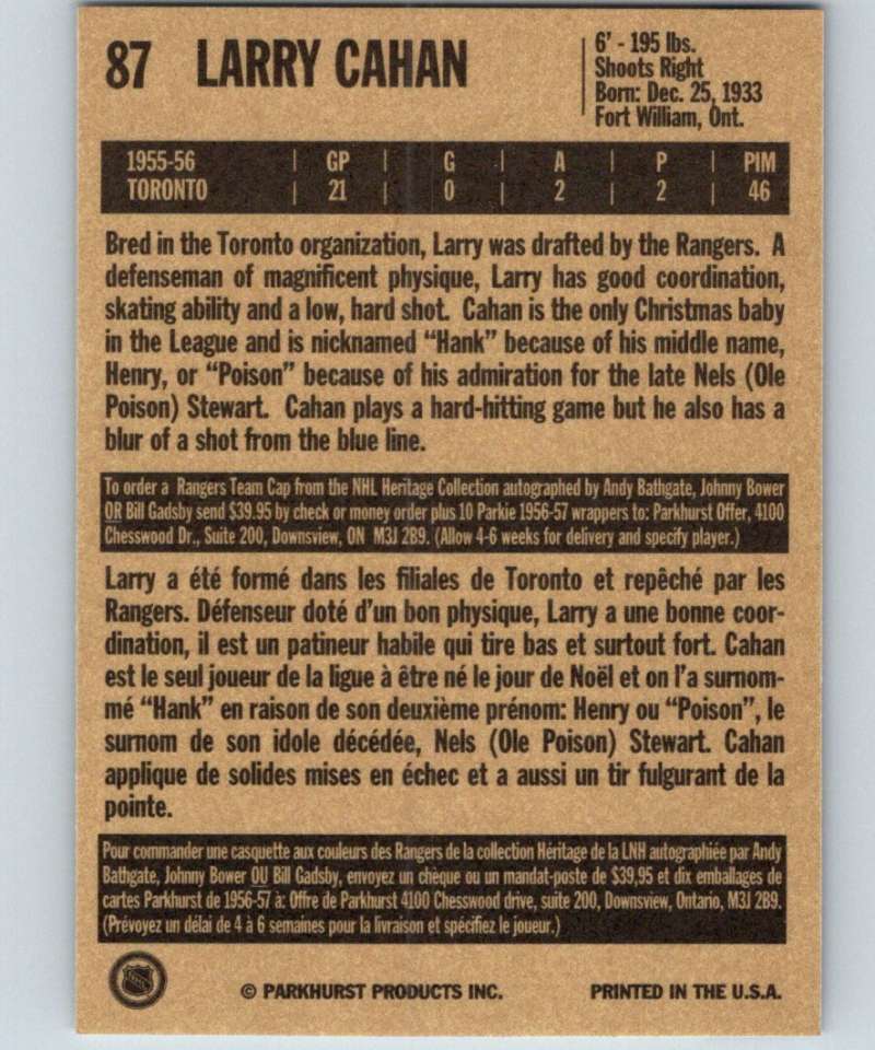 1994-95 Parkhurst Missing Link #87 Larry Cahan NY Rangers NHL Hockey