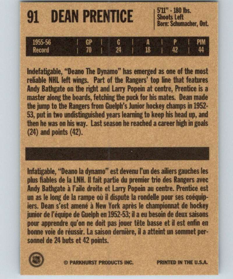1994-95 Parkhurst Missing Link #91 Dean Prentice NY Rangers NHL Hockey
