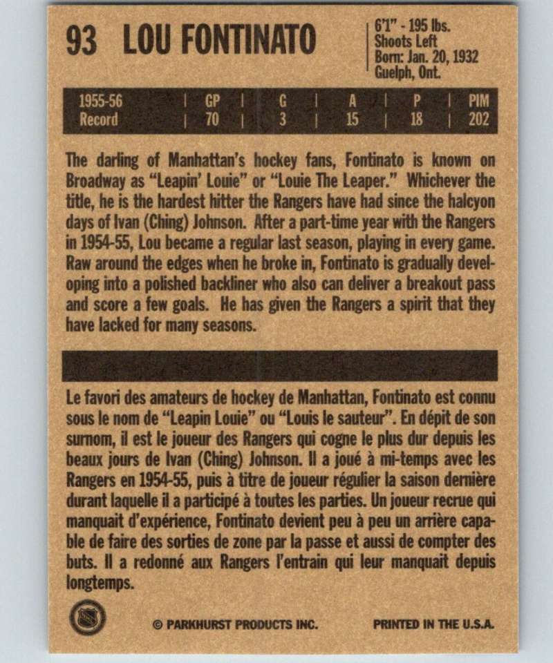 1994-95 Parkhurst Missing Link #93 Lou Fontinato NY Rangers NHL Hockey Image 2