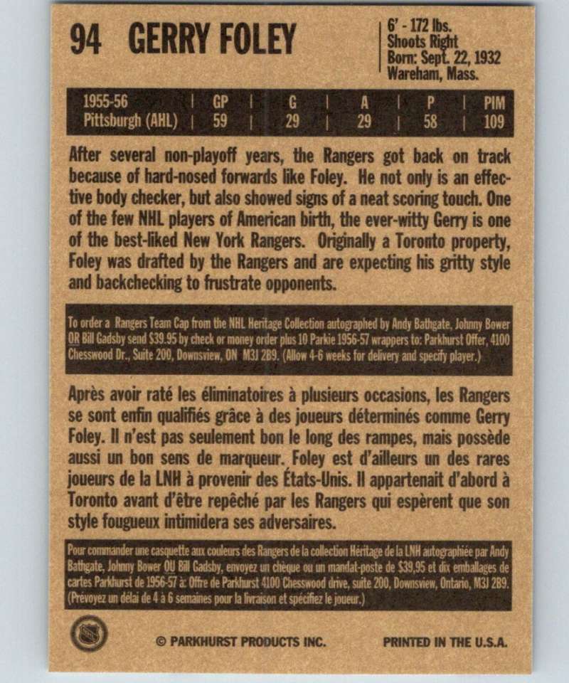 1994-95 Parkhurst Missing Link #94 Gerry Foley NY Rangers NHL Hockey