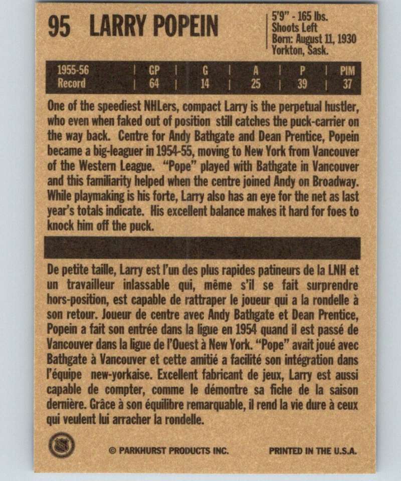 1994-95 Parkhurst Missing Link #95 Larry Popein NY Rangers NHL Hockey