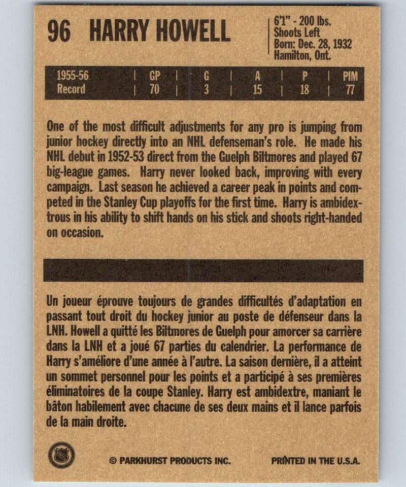 1994-95 Parkhurst Missing Link #96 Harry Howell NY Rangers NHL Hockey