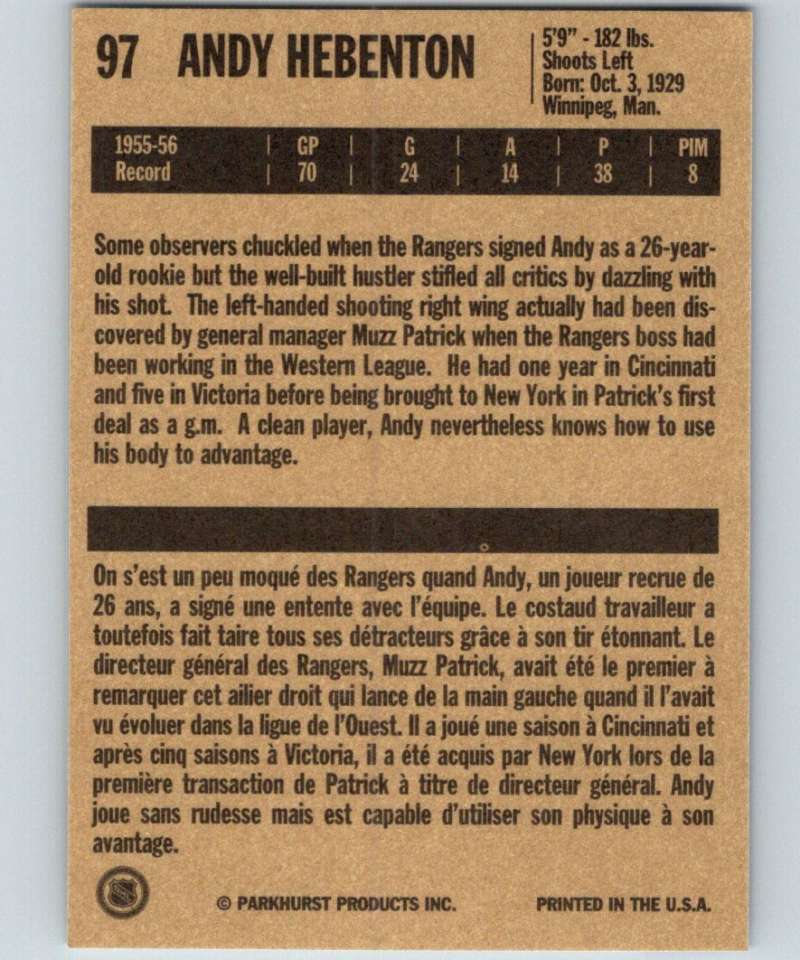 1994-95 Parkhurst Missing Link #97 Andy Hebenton NY Rangers NHL Hockey