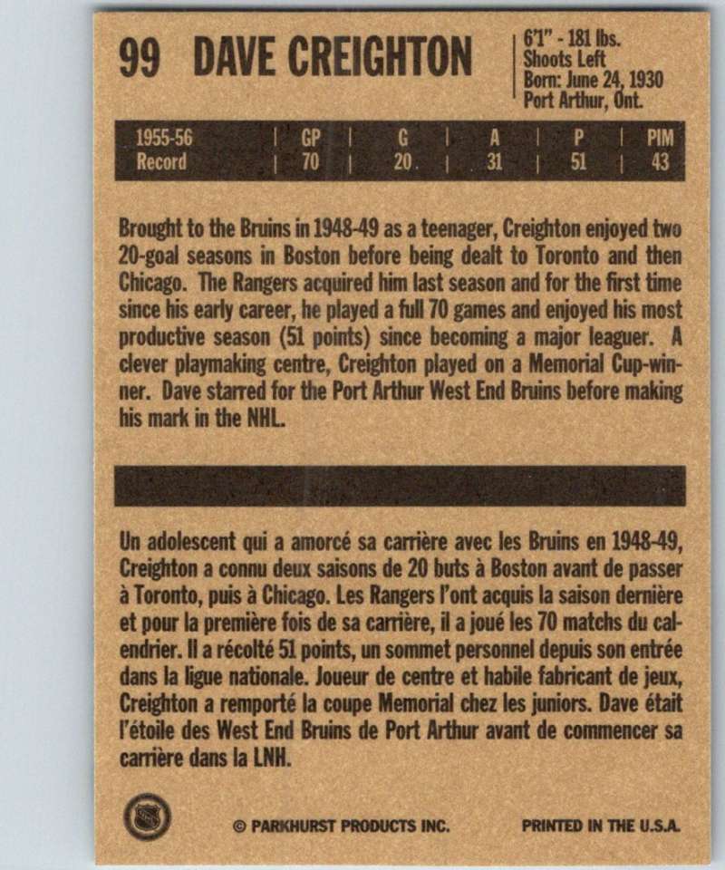 1994-95 Parkhurst Missing Link #99 Dave Creighton NY Rangers NHL Hockey